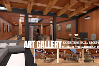 design realistic 3d art gallery, museum and exhibition interior render