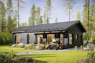 convert wood to modern frame house, cgi exterior render, plan tiny prefab homes
