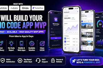 build  no code mobile app mvp bubble io, adalo, glide, flutterflow, replit