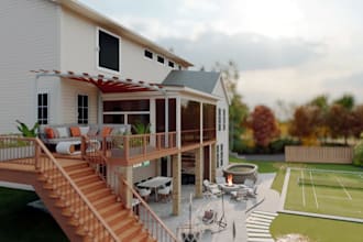 redesign 3d luxury home backyard,functional outdoor living,patio, pergola,garden