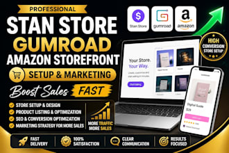 setup stan store, gumroad promotion, amazon storefront and marketing