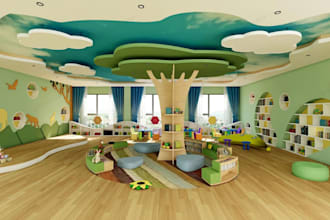 create realistic 3d kids playroom, playground, daycare and kindergarten space