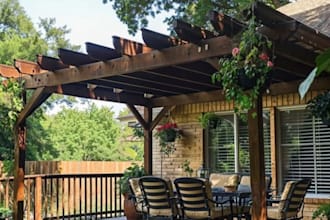 create 3d backyard landscape with pergola, deck, patio and gazebo