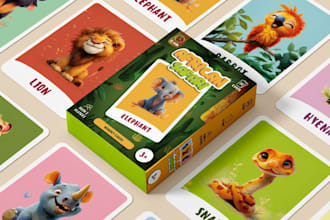 design educational card game memory card, kids flashcards, box rulebook mockups