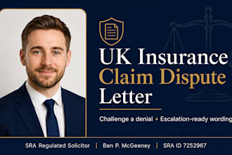 write your UK insurance claim dispute letter as UK solicitor insurance policies