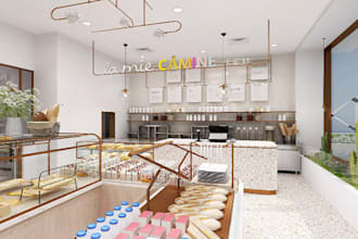 design 3d bakery interior, cafe, restaurant cabinet, patisserie design shopfront
