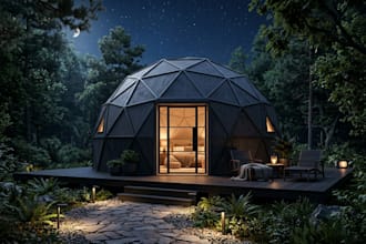 design your geodesic dome, 3d glamping camp, urban glamping dome with 3d render