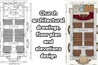 create church architectural drawings  floor plan and elevation design