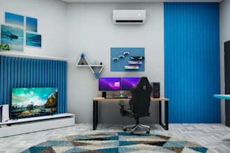 3d gaming room design, study room, home library, podcast studio, streaming room