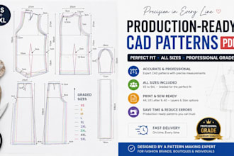 create a cad tech sewing pattern for garments with a grading PDF for production
