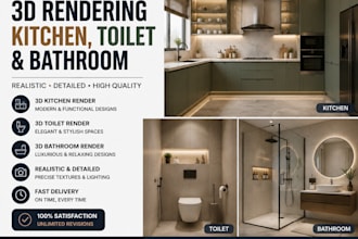 create photorealistic kitchen, bathroom, and toilet designs