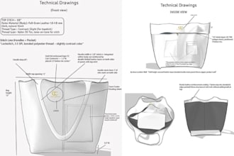 design realistic bags, handbags, tote bags with tech pack and technical drawing