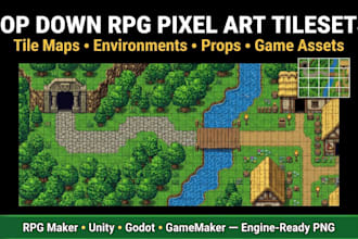 design top down rpg pixel art tileset tile map and 2d game assets, indie games