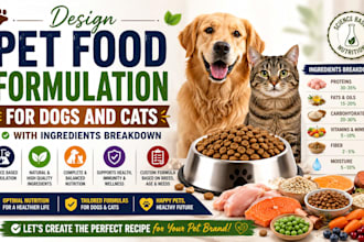 design pet food formulation for dogs and cats with ingredients breakdown