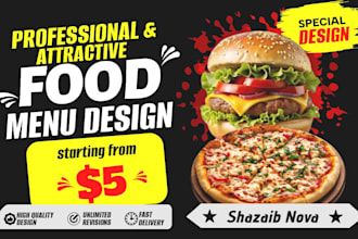 design a professional and attractive food menu for your restaurant