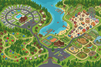 design 2d, 3d theme park, caravan, zoo, rv park, campground and amusement maps