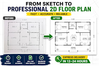 redraw floor plan from sketch, PDF or image into clean 2d plan fast