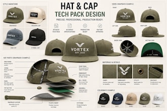 design custom hat and cap tech packs with accurate specs, mockup and flat sketch