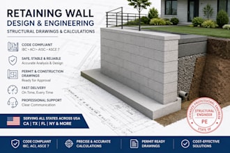 design retaining wall structural drawings, calculations USA ca tx fl ny ga ak il