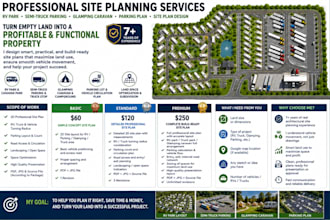 design site plan, rv park, semi truck, create glamping caravan, parking plan