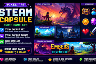 create pixel art steam capsule, indie game art, and steam capsule banner