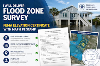 deliver flood zone survey, fema elevation certificate with map and pe stamp