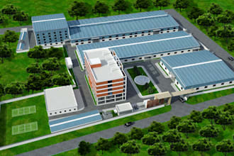 create 3d factory design, warehouse, industrial site and entrance gate