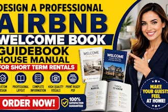 design a professional airbnb welcome book guidebook house manual for short term