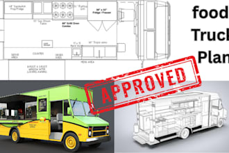 do 2d plan of food truck, 3d model of truck and drawings