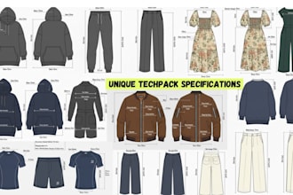 design professional fashion techpack and clothing technical sketch fo production