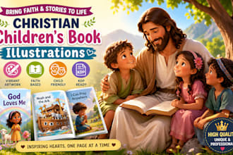 create christian children book illustration, bible story, kids picture book art