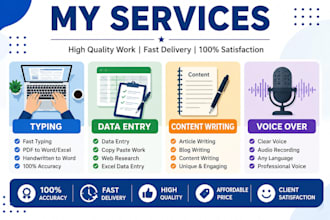 do fast typing, data entry, writing and voice over professionally