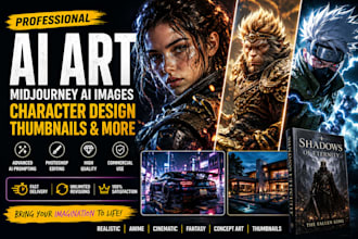 create realistic ai art, midjourney images, youtube thumbnails, character design