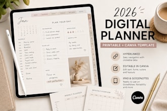 design printable planner 2026, digital planner ipad and canva template