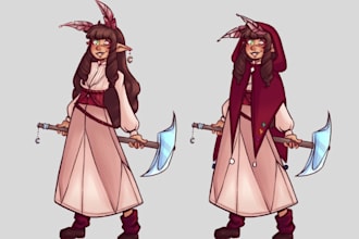 do a detailed dnd character sheet with poses expressions anime character chibi