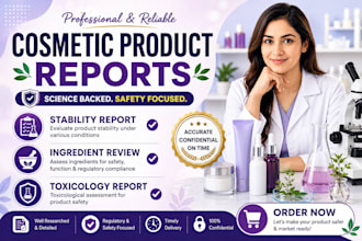 stability report, ingredient review, toxicology report for cosmetic product