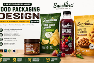 create food packaging design for snack beverages and products with 3d