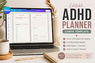design adhd planner productivity tracker printable canva template for etsy shop
