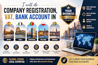 do company registration,vat,bank account in spain, italy,portugal,poland, sweden