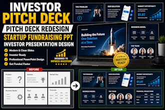redesign startup pitch deck, investor presentation an business powerpoint