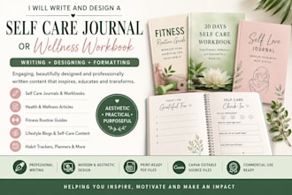 write and design a self care journal or wellness workbook