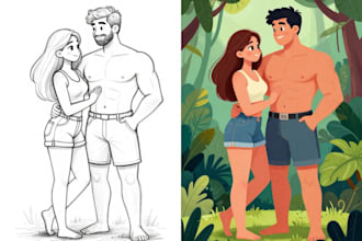 sketch, outline and color cartoon illustrations