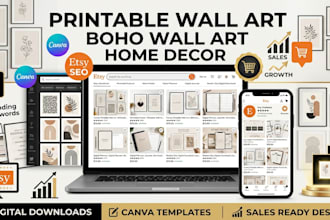 create etsy digital products, printable wall art, boho wall art, wall art design
