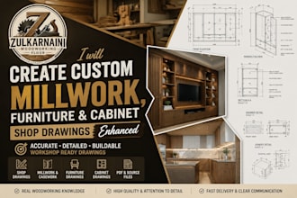 create custom millwork, furniture and cabinet shop drawing, enhanced, casework