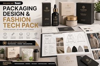 design packaging, fashion tech pack, and brand identity kit