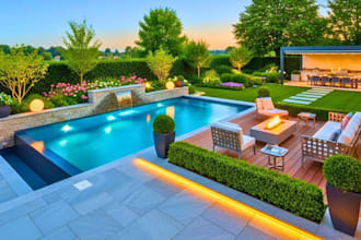 3d landscape design, backyard, pool, patio, deck and garden rendering
