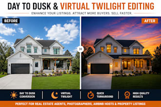create realistic day to dusk and virtual twilight real estate photo editing 1hr