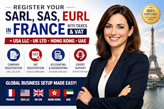register sarl SAS eurl in france with taxes vat USA llc UK ltd hong kong
