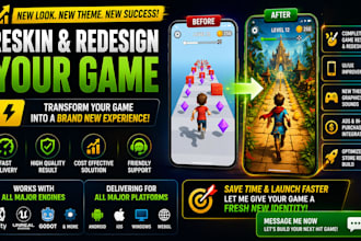 reskin, redesign, customize and publish your unity, unreal, godot mobile games