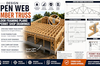 design open web timber truss, floor framing plans, and permit shop drawings